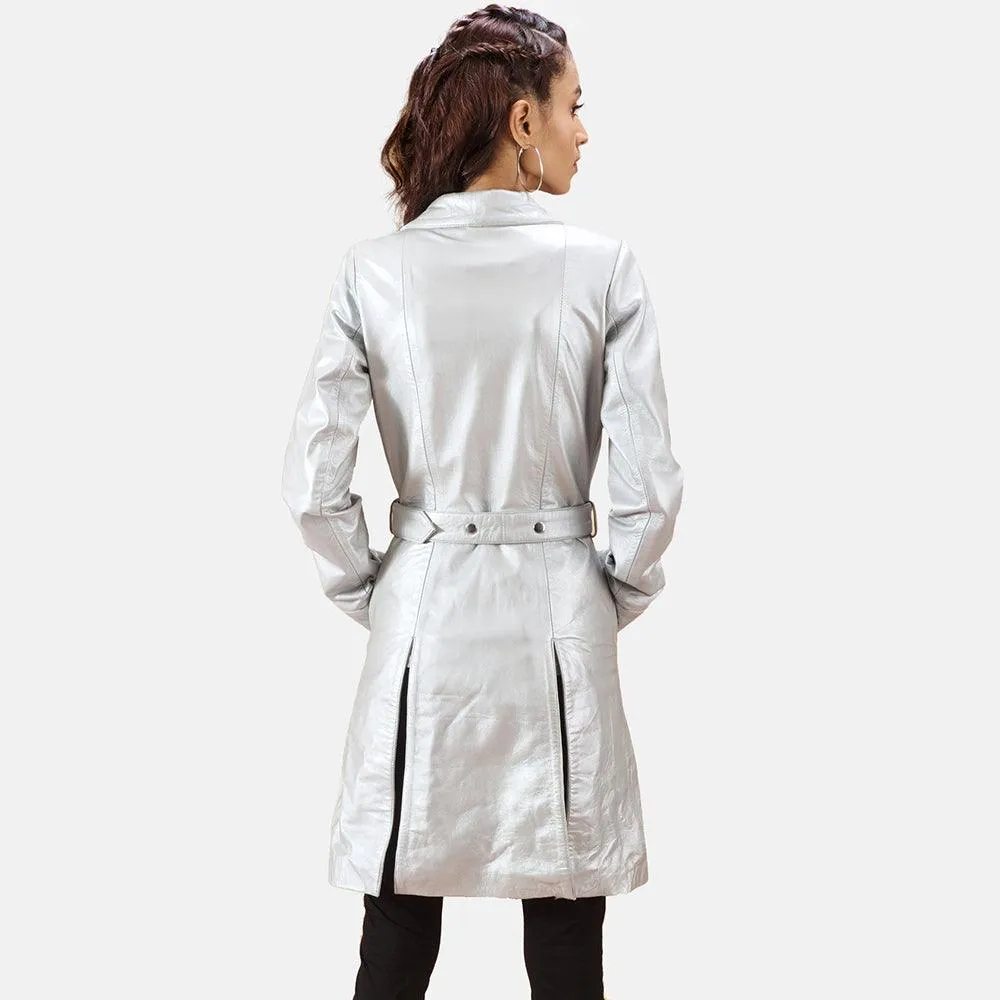 Womens Moonlight Silver Leather Trench Coat