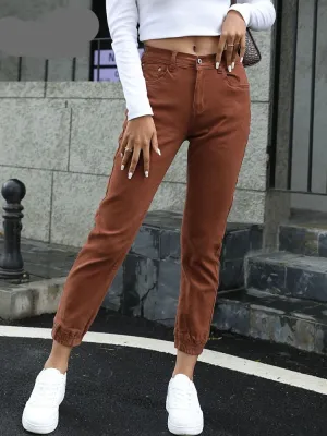 Women's Streetwear Cotton Elastic Waist Brown Jean Pants Women Denim Trousers With Pockets Spring Stretch Jeans