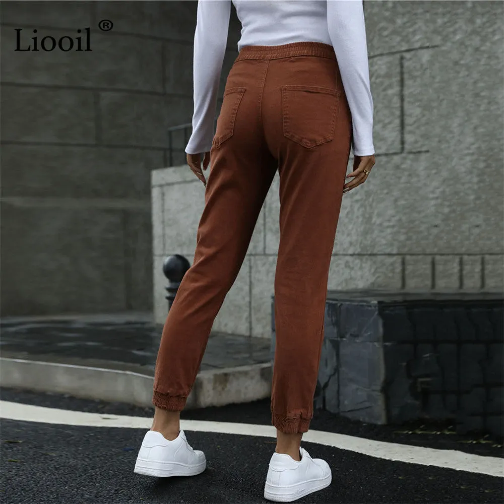 Women's Streetwear Cotton Elastic Waist Brown Jean Pants Women Denim Trousers With Pockets Spring Stretch Jeans