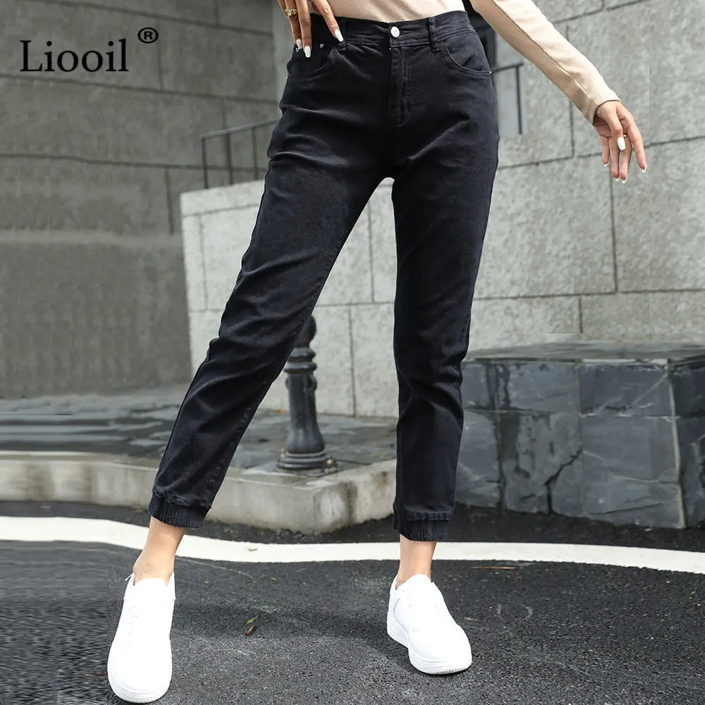 Women's Streetwear Cotton Elastic Waist Brown Jean Pants Women Denim Trousers With Pockets Spring Stretch Jeans