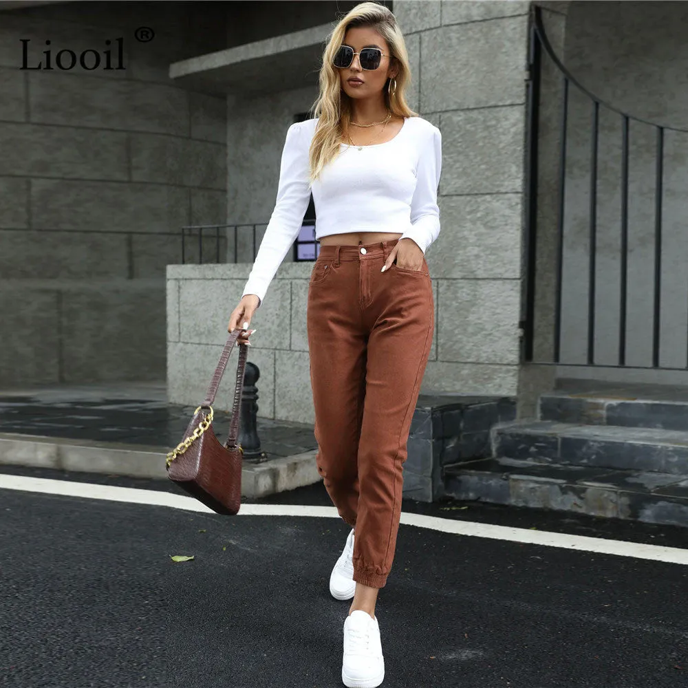 Women's Streetwear Cotton Elastic Waist Brown Jean Pants Women Denim Trousers With Pockets Spring Stretch Jeans