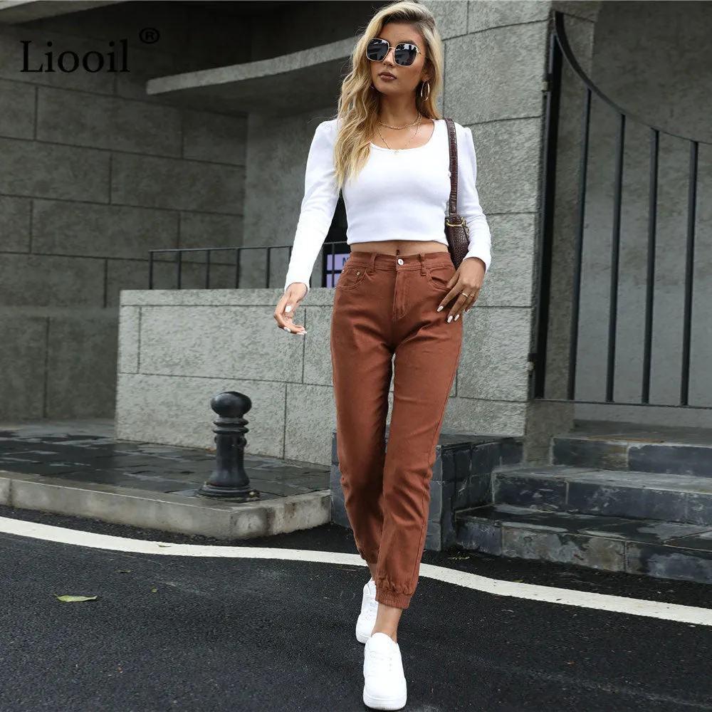 Women's Streetwear Cotton Elastic Waist Brown Jean Pants Women Denim Trousers With Pockets Spring Stretch Jeans