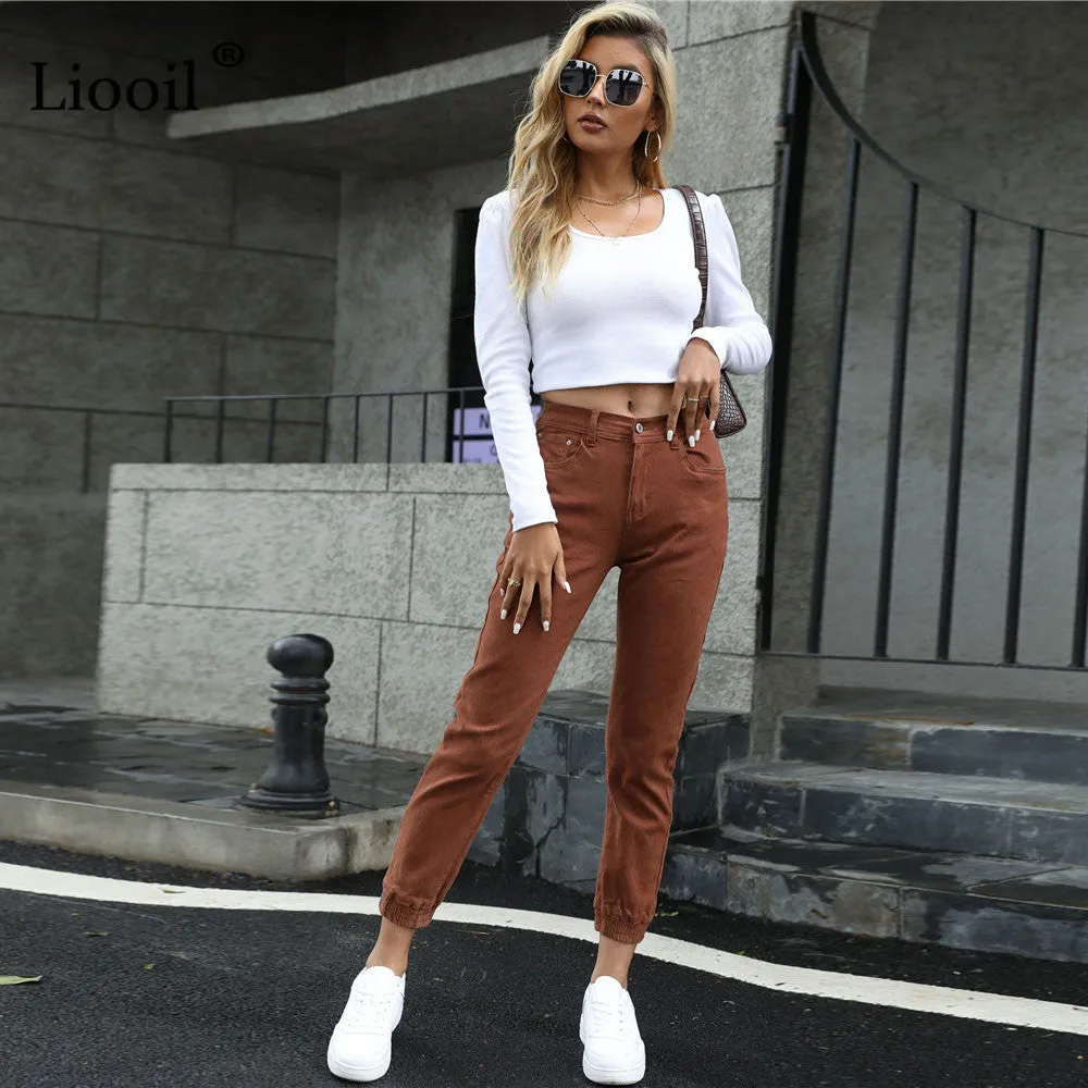 Women's Streetwear Cotton Elastic Waist Brown Jean Pants Women Denim Trousers With Pockets Spring Stretch Jeans