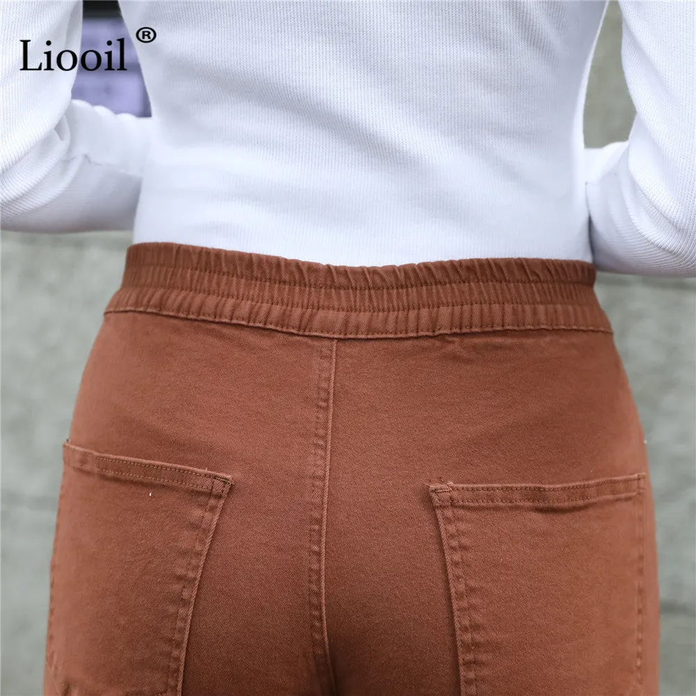 Women's Streetwear Cotton Elastic Waist Brown Jean Pants Women Denim Trousers With Pockets Spring Stretch Jeans