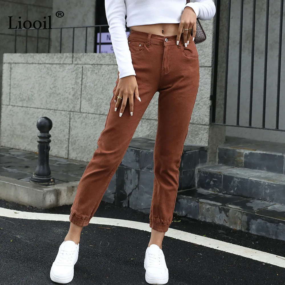 Women's Streetwear Cotton Elastic Waist Brown Jean Pants Women Denim Trousers With Pockets Spring Stretch Jeans