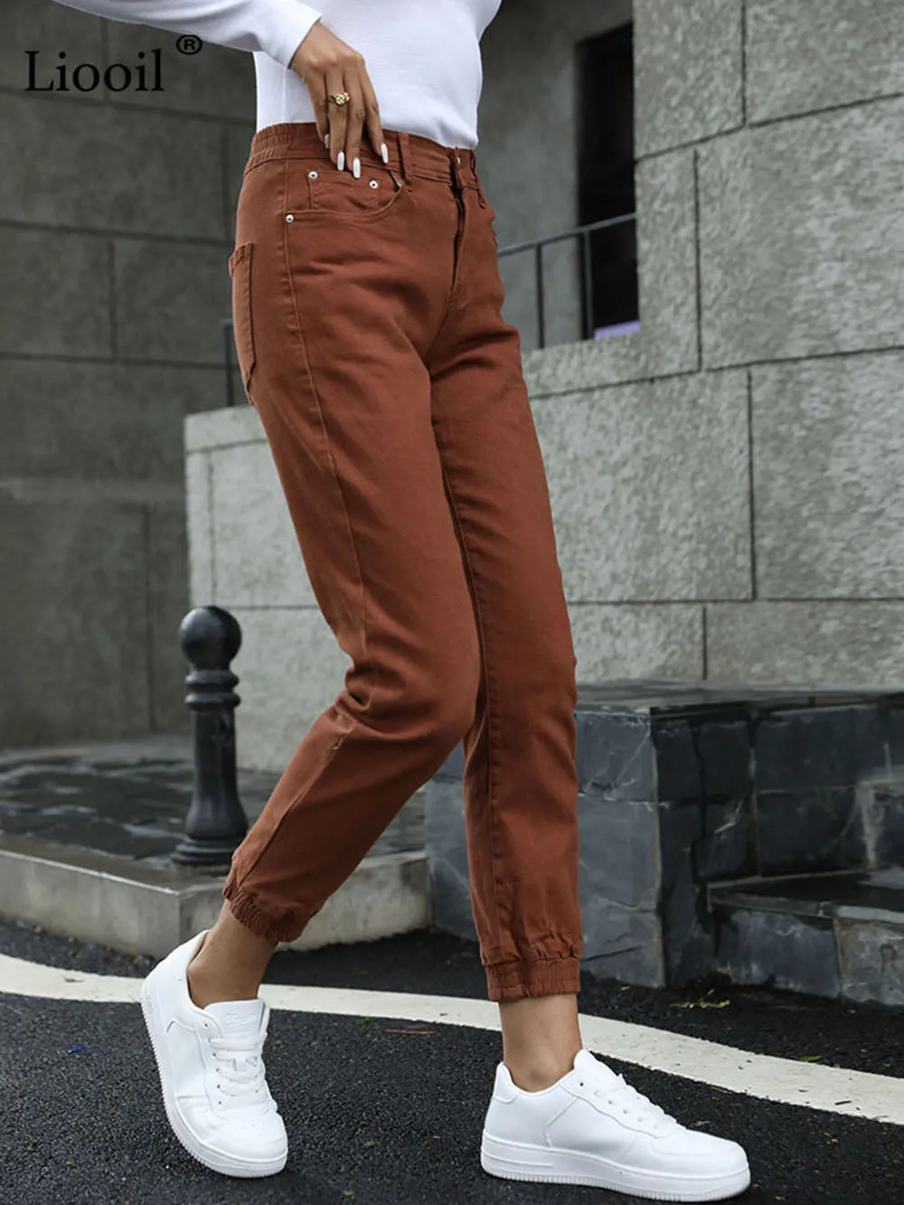 Women's Streetwear Cotton Elastic Waist Brown Jean Pants Women Denim Trousers With Pockets Spring Stretch Jeans