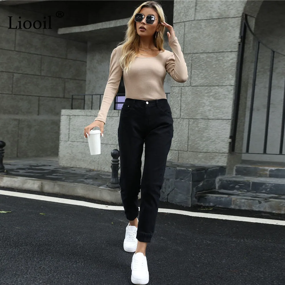 Women's Streetwear Cotton Elastic Waist Brown Jean Pants Women Denim Trousers With Pockets Spring Stretch Jeans