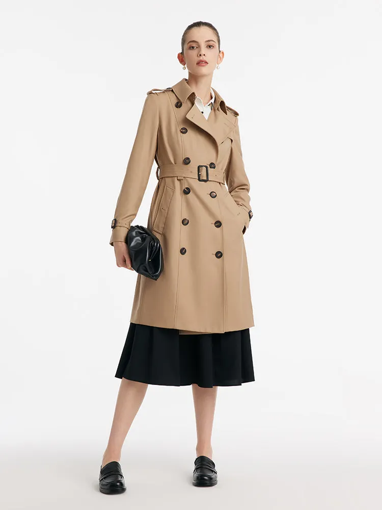 Worsted Wool Gathered Waist Double-Breasted Women Trench Coat