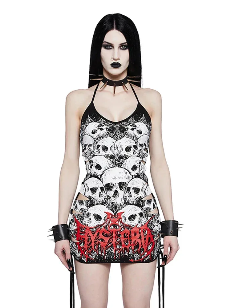 Y2K Out Cami Sling Size Punk Hollow Print Skull Drawstring Plus Strap Sleeveless Party Gown