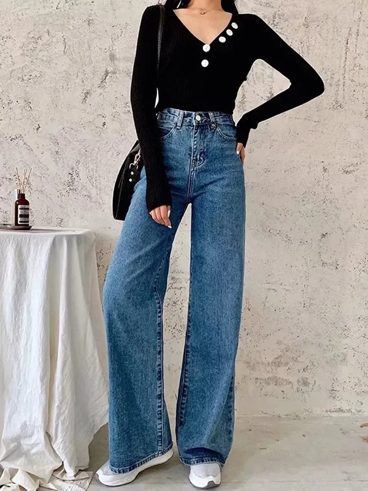 Y2k Wide Leg Pants High Waist Mom Jeans Fashion Denim Trousers Blue Jeans